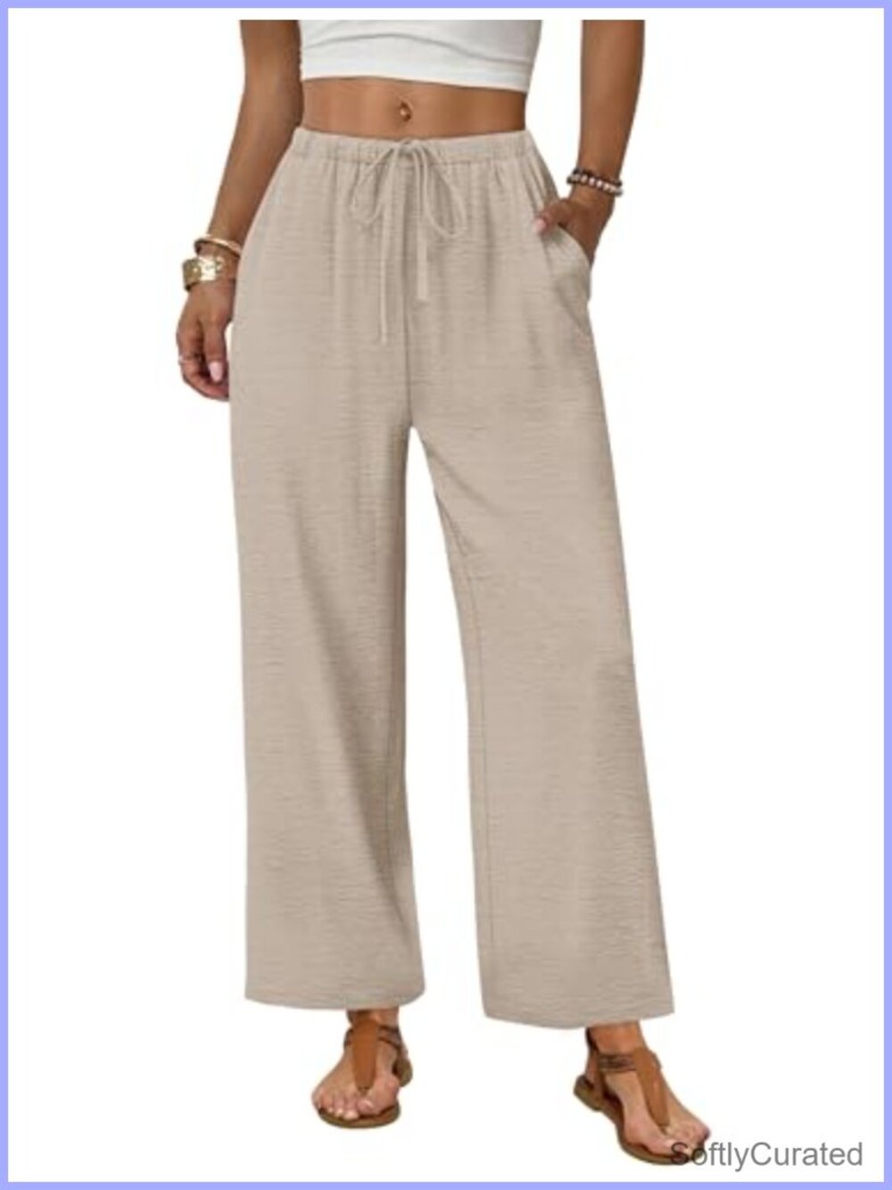 Wide Leg Palazzo Pants Drawstring Elastic Waist Trousers with Pockets